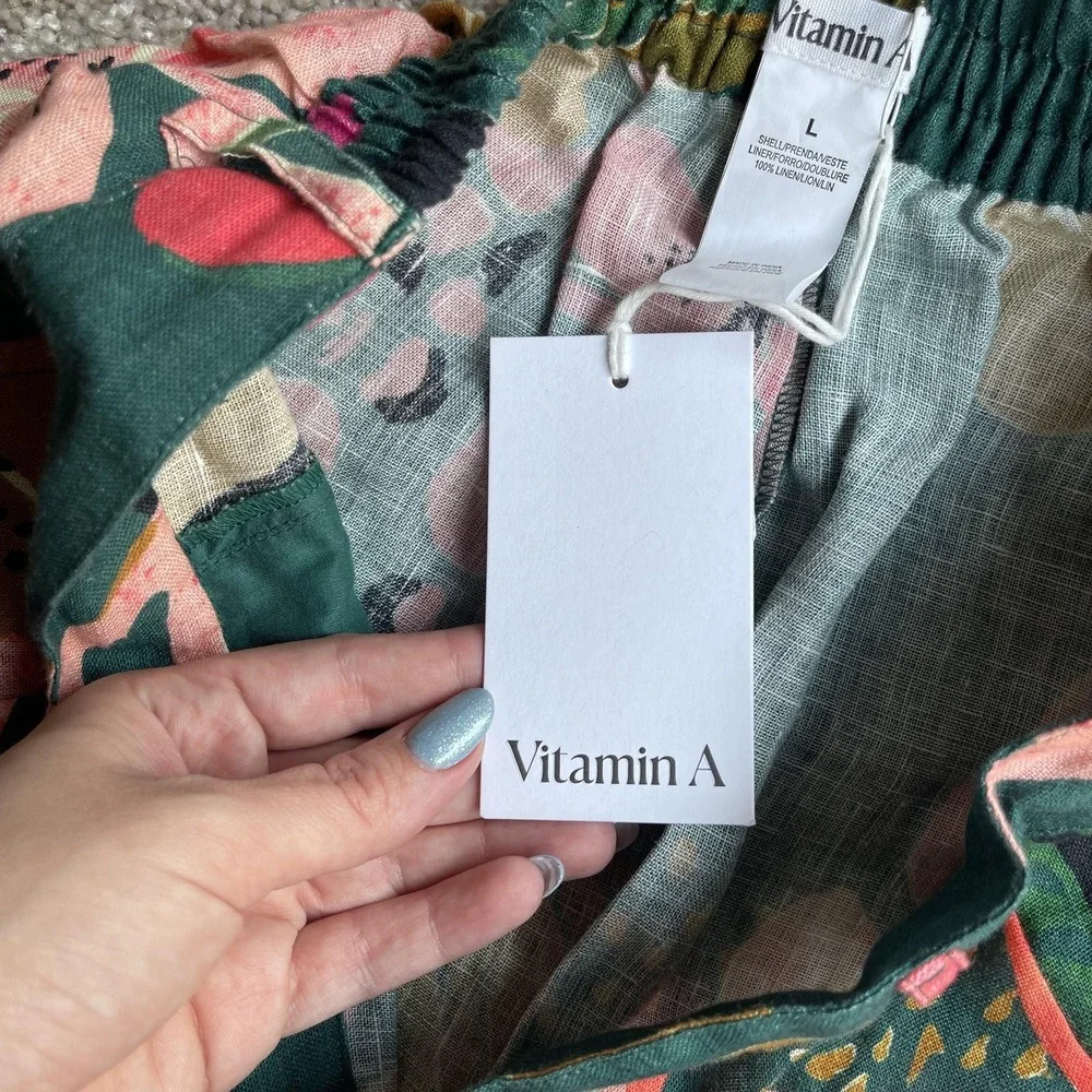 Vitamin A Shorts Womens L Multicolor Linen Tropical Floral Elastic Waist Chino